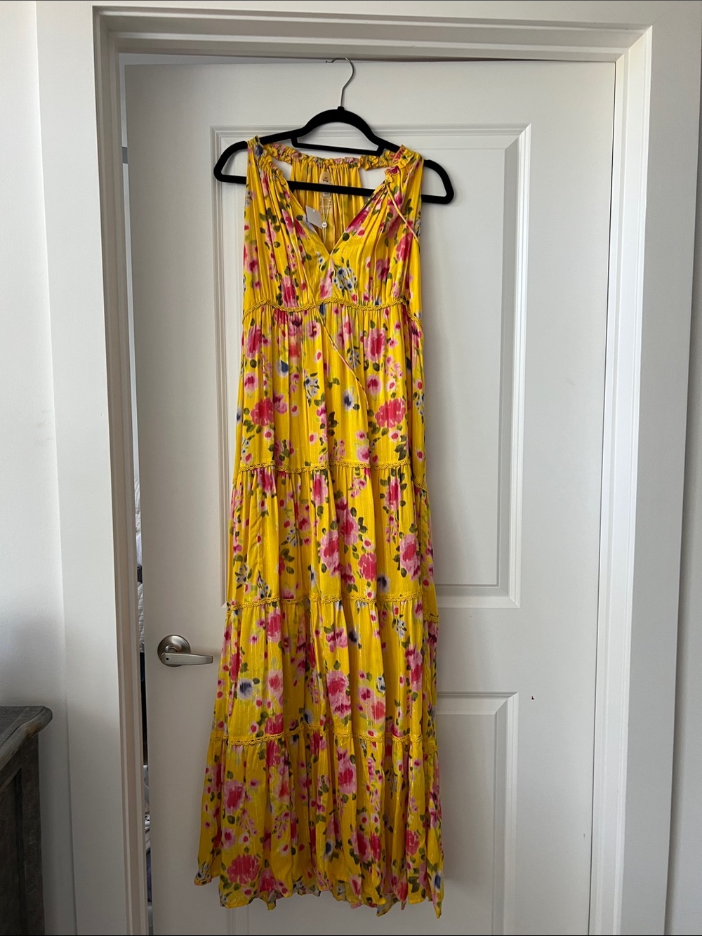 Anthropologie Yellow Floral Tiered Maxi Dress with Pink Accents